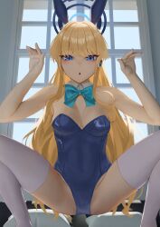 Rule 34 | 1girl, amog, animal ears, blonde hair, blue archive, blue leotard, blue sky, bow, bowtie, detached collar, fake animal ears, halo, hands up, highres, leotard, long hair, looking at viewer, playboy bunny, rabbit ears, sky, solo, squatting, thighhighs, toki (blue archive), toki (bunny) (blue archive), white thighhighs, window