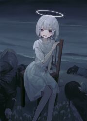 Rule 34 | 1girl, arm support, beach, bob cut, capelet, corpse, dress, fangs, feet out of frame, flower, flower request, hair ornament, halo, hand up, highres, knees together feet apart, light blush, looking at viewer, night, ocean, open mouth, original, outdoors, red eyes, sakiika0513, sand, short dress, short hair, short sleeves, sitting, smile, solo, surreal, waves, white capelet, white dress, white flower, white hair