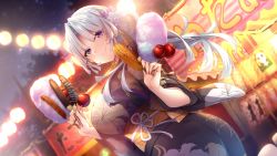 Rule 34 | amanatsu, apple, between fingers, candy apple, chocolate, chocolate banana, corn, corn cob, cotton candy, festival, floral print, flower, food, fruit, game cg, grilled corn, hair flower, hair ornament, highres, holding, holding food, japanese clothes, kaminashi yashiro, kimono, lily print, long hair, long sleeves, looking at viewer, obi, official art, photoshop (medium), purple eyes, sash, sausage, smile, standing, summer festival, too much food, white hair, yukata