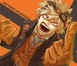 Rule 34 | 1boy, bakugou katsuki, belt, black background, black jacket, blonde hair, boku no hero academia, buttons, gloves, goggles, goggles on head, grey neckerchief, highres, jacket, leather belt, male focus, neckerchief, official alternate costume, open mouth, orange background, orange gloves, orange vest, pinstripe pattern, pinstripe vest, pointing, red eyes, shirt, solo, spiked hair, steampunk, striped, teeth, two-tone background, vest, white shirt, yomoyama yotabanashi