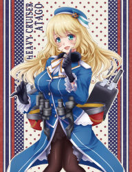 Rule 34 | 10s, 1girl, atago (kancolle), beret, black gloves, black pantyhose, blonde hair, blouse, breasts, cannon, character name, gloves, green eyes, hat, jacket, kantai collection, lips, long hair, military, military uniform, mitsucho, open mouth, pantyhose, personification, shirt, skirt, smile, solo, turret, uniform