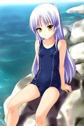 Rule 34 | 10s, 1girl, angel beats!, female focus, highres, long hair, norizou type-r, one-piece swimsuit, outdoors, school swimsuit, silver hair, sitting, solo, swimsuit, tenshi (angel beats!), yellow eyes
