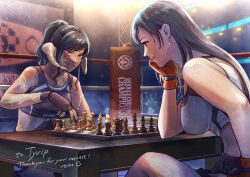 Rule 34 | 2girls, au ra, black hair, board game, boxing ring, breasts, brown eyes, chess, commentary, crop top, crossover, earrings, english commentary, final fantasy, final fantasy vii, final fantasy xiv, fingerless gloves, gloves, horns, in-franchise crossover, jewelry, large breasts, long hair, midriff, multiple girls, ponytail, tifa lockhart, toko (tokkotoritori), warrior of light (ff14)