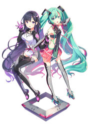 Rule 34 | 2girls, :o, aqua eyes, aqua hair, bare shoulders, black gloves, black hair, black legwear, breasts, character request, crossover, elbow gloves, full body, gloves, h2so4, hair ornament, hatsune miku, headset, index finger raised, invisble chair, invisible chair, long hair, medium breasts, multiple girls, open mouth, pink skirt, purple eyes, purple gloves, sitting, skirt, small breasts, smile, standing, thighhighs, twintails, very long hair, vocaloid, zettai ryouiki
