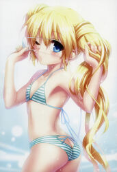 Rule 34 | 1girl, absurdres, ass, bikini, blonde hair, blue eyes, blush, breasts, butt crack, collarbone, cowboy shot, eyepatch, eyepatch pull, eyes visible through hair, fingernails, flat chest, hair between eyes, hand in own hair, hands up, highres, long hair, looking at viewer, nakatsu shizuru, one eye closed, parted lips, rewrite, scan, simple background, small breasts, solo, standing, striped bikini, striped clothes, swimsuit, twintails, very long hair, wet, zen (kamuro)