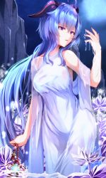 Rule 34 | 1girl, bare shoulders, blue hair, commentary request, curled horns, dress, excella (delltothu), eyebrows hidden by hair, full moon, ganyu (genshin impact), genshin impact, hair between eyes, hand up, highres, horns, long hair, looking away, looking to the side, moon, nail polish, night, night sky, outdoors, parted lips, purple eyes, purple nails, see-through, sky, sleeveless, sleeveless dress, solo, very long hair, water, wet, wet clothes, wet dress, white dress