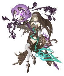 Rule 34 | 1girl, aqua eyes, bags under eyes, bare shoulders, brown hair, cage, chain, crystal, elbow gloves, fingerless gloves, flat chest, frills, full body, gauntlets, gloves, gold trim, gretel (sinoalice), habit, hansel (sinoalice), holding, holding staff, ji no, male focus, nun, official art, sinoalice, solo, staff, thighhighs, torn clothes, transparent background