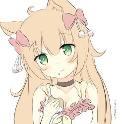 Rule 34 | ahoge, animal ears, blush, bow, brown hair, cat ears, chewing, crumbs, eating, green eyes, hair bow, mony, original, solo, white background