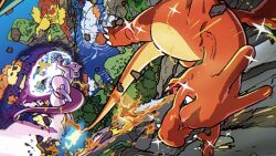 Rule 34 | absurdres, animal focus, artist request, charizard, claws, copyright name, creatures (company), day, destruction, dragon, dragon wings, energy ball, epic, explosion, fighting, fire, flying, foreshortening, forest, full body, game freak, gen 1 pokemon, gen 4 pokemon, grass, highres, horns, legendary pokemon, looking at another, mewtwo, mountain, multiple others, nature, nintendo, no humans, official art, outdoors, plant, pokemon, pokemon (creature), pokemon tcg, tail, tangrowth, tree, vines, violence, wings