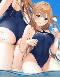 Rule 34 | ahoge, ass, breasts, competition swimsuit, hand on own ass, highres, large breasts, multiple views, niii (memstapak), one-piece swimsuit, pecorine (princess connect!), princess connect!, swimsuit, thighs, wading