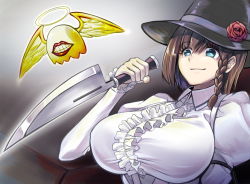 Rule 34 | 1girl, blue eyes, braid, breasts, brown hair, charlotte corday (fate), charlotte corday (third ascension) (fate), fate/grand order, fate (series), frills, grin, halo, hat, holding, holding knife, knife, large breasts, monster, short hair, smile, taichi (kinkakuginkaku63), wings