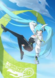 Rule 34 | 1girl, absurdres, asymmetrical bodysuit, black bodysuit, black gloves, blue eyes, blue hair, blue sky, bodysuit, boots, closed mouth, cloud, commentary, cropped jacket, flag, flagpole, full body, gloves, goodsmile racing, hatsune miku, high heels, highres, jacket, krrk, long hair, long sleeves, looking at viewer, outdoors, race queen, racing miku, racing miku (2022), single leg bodysuit, single thigh boot, single thighhigh, sky, smile, smiley face, solo, text print, thigh boots, thighhighs, twintails, vocaloid, white jacket