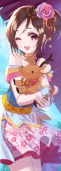 Rule 34 | 1girl, ;), antlers, bad id, bad pixiv id, bare shoulders, bell, blue sky, blush, brown hair, deer, domyoji karin, dress, flower, hair bell, hair flower, hair ornament, hair ribbon, holding, holding stuffed toy, horns, idolmaster, idolmaster cinderella girls, looking at viewer, misumi (macaroni), one eye closed, open mouth, pink ribbon, pink skirt, pleated skirt, red eyes, ribbon, skirt, sky, sleeveless, sleeveless dress, smile, solo, stuffed animal, stuffed deer, stuffed toy, yellow ribbon