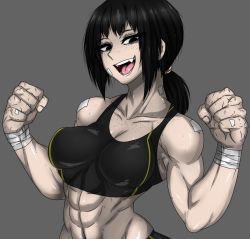 Rule 34 | 1girl, abs, bandages, black eyes, black hair, breasts, fangs, female focus, gym uniform, large breasts, looking at viewer, muscular, muscular arms, muscular female, original, scar, smile, solo, takano togaino (zokusuke), zokusuke