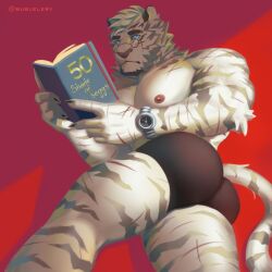 Rule 34 | 1boy, absurdres, animal ears, arknights, artist request, ass, bara, bespectacled, black male underwear, book, boxer briefs, cross scar, facial hair, feet out of frame, from below, furry, furry male, glasses, goatee, highres, holding, holding book, large hands, large pectorals, looking at viewer, male focus, male underwear, mountain (arknights), muscular, muscular male, nipples, pectorals, round eyewear, scar, scar across eye, scar on arm, short hair, solo, thick eyebrows, thick thighs, thighs, tiger boy, tiger ears, topless male, underwear, watch, white hair, wristwatch