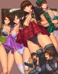 Rule 34 | 3boys, 4girls, black hair, black legwear, black panties, blue eyes, bra, breasts, brown hair, cleavage, closed mouth, collarbone, dead or alive, dead or alive 5, eliot (doa), eyebrows, facing viewer, fingernails, frilled bra, frills, from below, gaijin 4koma (meme), gluteal fold, green eyes, groin, hat, hayate (doa), hitomi (doa), ibanen, kokoro (doa), lace trim, large breasts, legs together, lei fang, lifted by self, long fingernails, long hair, looking at viewer, meme, mila (doa), multiple boys, multiple girls, open clothes, panties, parted lips, purple eyes, red eyes, red hair, ryu hayabusa, short hair, sidelocks, simple background, smile, standing, thigh gap, thighhighs, thighs, underwear, white legwear, white panties