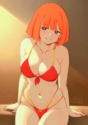 Rule 34 | 1girl, arm support, artist name, bikini, black eyes, bob cut, breasts, cleavage, closed mouth, cloudxmoe, collarbone, commentary, english commentary, groin, highres, large breasts, looking at viewer, mcdonald&#039;s, mcdonald&#039;s mom, mother (yoru mac), navel, orange hair, red bikini, short hair, sitting, smile, solo, stomach, swimsuit, yoru mac