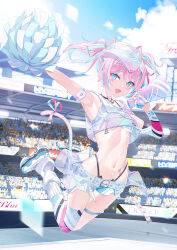 1girl arm_strap armpits bare_shoulders belt black_choker black_panties blue_eyes breasts cheerleader choker collared_shirt commentary_request confetti crop_top crop_top_overhang dice_gt fang highleg highleg_panties holding holding_pom_poms legs_up long_hair looking_at_viewer micro_shorts midair midriff miniskirt multicolored_hair navel open_mouth original outdoors outstretched_arms panties pink_hair pom_pom_(cheerleading) pom_poms second-party_source see-through_clothes see-through_skirt shirt shoes shorts showgirl_skirt single_thighhigh skirt sleeveless sleeveless_shirt small_breasts smile sneakers socks solo stomach streaked_hair string_panties sweat thighhighs thighs twintails underwear visor_cap white_shirt white_skirt white_socks