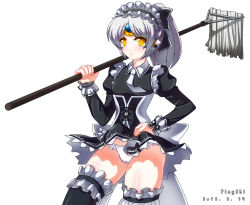 Rule 34 | 1girl, alternate costume, bad id, bad pixiv id, black thighhighs, clothes lift, corset, elsword, enmaided, eve (elsword), expressionless, frills, long hair, maid, maid headdress, mop, necktie, panties, pinyshi, ponytail, skirt, skirt lift, solo, thighhighs, underwear, upskirt, white background, white hair, white panties, yellow eyes