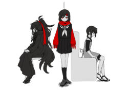 Rule 34 | 3girls, aaniko, apron, arms behind back, asahina hiyori, azami (kagerou project), black dress, black footwear, black hair, black kimono, black sailor collar, black serafuku, black shirt, black skirt, black socks, blunt bangs, casual, closed eyes, closed mouth, commentary, dress, empty eyes, enpera, facing down, fringe trim, from side, full body, hair ornament, hair ribbon, hairclip, japanese clothes, kagerou project, kimono, kneehighs, loafers, long hair, long sleeves, looking down, low twintails, mekakucity actors, monochrome, multiple girls, neckerchief, off-shoulder shirt, off shoulder, parted lips, pleated skirt, red eyes, red ribbon, red scarf, ribbon, sailor collar, sandals, scarf, school uniform, serafuku, shirt, shoes, sidelocks, simple background, sitting, skirt, socks, spot color, standing, tateyama ayano, twintails, unhappy, very long hair, wavy hair, white neckerchief