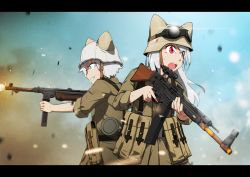 Rule 34 | 2girls, animal ears, assault rifle, belt, blue eyes, brown jacket, cat ears, cat girl, commentary, day, english commentary, explosion, frown, goggles, goggles on head, grey hair, grey headwear, grin, gun, harness, unworn headwear, helmet, unworn helmet, highres, holding, holding gun, holding weapon, jacket, letterboxed, long hair, long sleeves, looking to the side, military, military uniform, mp40, mrxinom, multiple girls, open mouth, original, outdoors, pouch, red eyes, rifle, scope, smile, smoke, soldier, standing, stg44, submachine gun, uniform, utility belt, weapon, world war ii