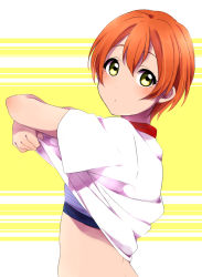 Rule 34 | 10s, 1girl, bra, clothes lift, expressionless, from side, gym uniform, highres, hoshizora rin, looking at viewer, looking to the side, love live!, love live! school idol project, orange hair, sekina, shirt, shirt lift, short hair, short sleeves, solo, striped bra, striped clothes, t-shirt, underwear, undressing, upper body, white shirt, yellow eyes