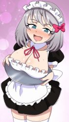 Rule 34 | 1girl, bad id, bad pixiv id, blue eyes, blush, bow, breast rest, breasts, breasts on tray, carried breast rest, carrying, embarrassed, fang, hair bow, highres, large breasts, looking at viewer, maid, maid headdress, open mouth, puffy short sleeves, puffy sleeves, short sleeves, showers-u, silver hair, solo, tejina senpai, tejina senpai (series), thighhighs