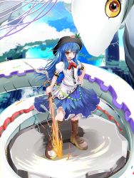 Rule 34 | 1girl, black headwear, blouse, blue hair, blue skirt, boots, bow, bowtie, brown footwear, center frills, cloud, cross-laced footwear, fish, food, frilled skirt, frills, fruit, high heel boots, high heels, highres, hinanawi tenshi, holding, holding sword, holding weapon, keystone, leaf, long hair, looking at viewer, nagae iku (fish), oarfish, onbashira, outdoors, peach, rainbow order, red bow, red bowtie, red eyes, ryo (ryopics), shirt, short sleeves, skirt, standing, sword, sword of hisou, touhou, weapon, white shirt