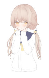 Rule 34 | 1girl, absurdres, blue archive, blush, bow, brown hair, cropped torso, hair between eyes, hands on own face, hands up, hifumi (blue archive), highres, jacket, long hair, long sleeves, looking at viewer, low twintails, open clothes, open jacket, parted lips, roido (taniko-t-1218), shirt, simple background, sleeves past wrists, solo, twintails, upper body, very long hair, white background, white jacket, white shirt, wing hair ornament, yellow bow, yellow eyes