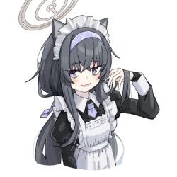 Rule 34 | 1girl, alternate costume, apron, black dress, black hair, blue archive, blush, dress, enmaided, halo, highres, juliet sleeves, kilabo, long hair, long sleeves, looking at viewer, maid, maid apron, maid headdress, open mouth, puffy sleeves, purple eyes, simple background, solo, ui (blue archive), upper body, whiite apron, white background