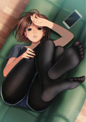 Rule 34 | 1girl, black pantyhose, black shirt, blue eyes, blue shorts, brown hair, cellphone, couch, crossed ankles, day, eyebrows, feet, female focus, fingernails, foot focus, foreshortening, from above, full body, half-closed eyes, hand up, highres, indoors, legs up, looking at viewer, lying, mole, mole under eye, nashigaya koyomi, no shoes, on back, on couch, original, pantyhose, parted lips, phone, scan, shirt, short hair, short shorts, short sleeves, shorts, signature, smartphone, soles, solo, teeth, toes