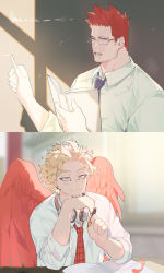 Rule 34 | 2boys, beard, blonde hair, blue eyes, blush, boku no hero academia, chalkboard, deavor lover, facial hair, feathered wings, feathers, glasses, hawks (boku no hero academia), highres, male focus, manly, multiple boys, mustache, necktie, red hair, scar, spiked hair, sunlight, teacher and student, teaching, endeavor (boku no hero academia), upper body, wings