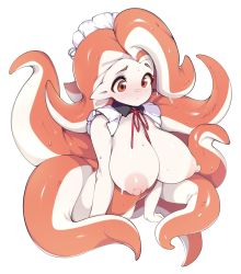 Rule 34 | 1girl, absurdres, blush, bottomless, breasts, highres, huge breasts, maid headdress, monster girl, nipples, orange eyes, original, pointy ears, red ribbon, ribbon, simple background, slugbox, solo, sweat, tentacle hair, tentacles, upper body, white background
