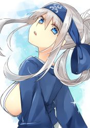 Rule 34 | 1girl, ainu clothes, blue eyes, blue headband, breasts, cropped jacket, dress, folded ponytail, head tilt, headband, highres, kamoi (kancolle), kantai collection, katsuobushi (eba games), large breasts, looking at viewer, open mouth, ponytail, shaft look, sideboob, sidelocks, sketch, solo, sparkle, two-tone background, upper body, white dress, white hair