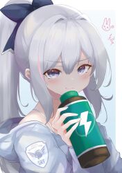 Rule 34 | 1girl, anger vein, blue archive, blush, bottle, closed mouth, commentary, english commentary, grey hair, grey hoodie, hair between eyes, highres, holding, holding bottle, hood, hood down, hoodie, long hair, long sleeves, looking at viewer, miyako (blue archive), ponytail, purple eyes, rikotch07, solo, upper body