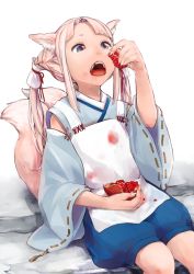 Rule 34 | animal ears, blue eyes, blue pants, braid, commentary request, eating, food, food on face, fruit, hair tubes, highres, holding, holding food, japanese clothes, long hair, matome, missing tooth, multiple tails, open mouth, original, pants, pink hair, pomegranate, ribbon-trimmed sleeves, ribbon trim, sitting, solo, stained clothes, tail, twintails, white background, wide sleeves