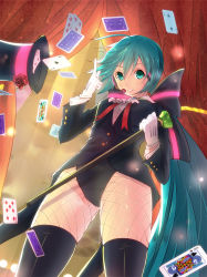 1girl alternate_hairstyle aqua_eyes aqua_hair bad_id bad_pixiv_id cane card female_focus fishnet_pantyhose fishnets gloves hat hatsune_miku hatsune_miku_(magician) headset holding leotard long_hair low_ponytail magician magister miracle_paint_(vocaloid) pantyhose playing_card short_hair solo thighhighs top_hat vocaloid white_gloves