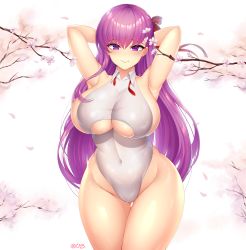 Rule 34 | 1girl, absurdres, arm behind head, arm up, armpits, artist name, bad id, bad pixiv id, bare shoulders, bb (fate), bb (fate/extra), blush, branch, breasts, cherry blossoms, closed mouth, clothing cutout, collarbone, commentary request, covered erect nipples, cowboy shot, day, fate/extra, fate/extra ccc, fate (series), gluteal fold, groin, hair between eyes, hair ribbon, highleg, highleg leotard, highres, huge breasts, large breasts, leotard, long hair, looking at viewer, momoriko, one side up, outdoors, petals, purple eyes, purple hair, red ribbon, ribbon, shiny clothes, shiny skin, sidelocks, skindentation, sleeveless, smile, solo, standing, thighs, tree, twitter username, underboob, underboob cutout, very long hair, white leotard, wing collar