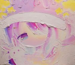 Rule 34 | 1girl, absurdres, acrylic paint (medium), commentary request, hair over one eye, hat, highres, long hair, looking at viewer, nightcap, no mouth, oda mifuu, one eye covered, original, painting (medium), pale skin, photo (medium), pink hat, portrait, purple eyes, purple hair, solo, star (symbol), traditional media, white rabbit (animal)