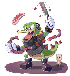 Rule 34 | 1boy, absurdres, angiethecat, apron, black apron, black footwear, black shirt, blood, blood stain, butcher, chain, chain necklace, cleaver, colored skin, crocodilian, food, gloves, gold chain, green skin, headphones, highres, jewelry, linked sausages, necklace, open mouth, picky (sonic), pig, reptile boy, sharp teeth, shirt, sonic (series), steak, teeth, the murder of sonic the hedgehog, vector the crocodile, yellow eyes