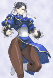 Rule 34 | 1990s (style), 1girl, black eyes, black hair, boots, breasts, bun cover, capcom, china dress, chinese clothes, chun-li, chyko, double bun, dress, hair bun, large breasts, pantyhose, pelvic curtain, retro artstyle, solo, street fighter, street fighter ii (series), thick thighs, thighs, wristband