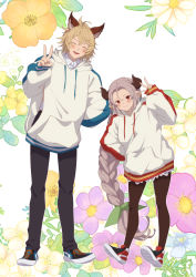 Rule 34 | 1boy, 1girl, ahoge, aliza (granblue fantasy), animal ears, black pants, braid, braided ponytail, closed eyes, collared shirt, floral background, full body, granblue fantasy, hand on own hip, hand up, hood, hoodie, horns, leaning to the side, long hair, long sleeves, mifuta, pants, pantyhose, red eyes, shirt, shoes, short hair, smile, sneakers, stan (grandblue fantasy), standing, v, white hoodie, white shirt