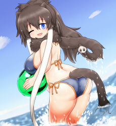 Rule 34 | ;d, animal ears, ass, back, ball, beachball, bikini, blue eyes, breasts, brown hair, day, dutch angle, elephant ears, elephant tail, empty eyes, extra ears, from side, hair between eyes, halterneck, highres, holding, holding ball, kemono friends, kneepits, large breasts, long hair, looking at viewer, looking to the side, mammoth (kemono friends), mammoth ears, mammoth tail, mo23, ocean, one eye closed, open mouth, outdoors, scarf, side-tie bikini bottom, side-tie bottom, sideboob, sidelocks, sky, smile, solo, string bikini, swimsuit, tail, wading, water, wet, white hair