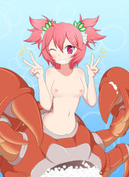Rule 34 | arthropod girl, breasts, cleft of venus, crab girl, highres, mini crab girl, mon-musu quest!, monster girl, nipples, pussy, small breasts, smile, twintails, v