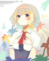 Rule 34 | 1girl, absurdres, alice margatroid, blonde hair, blue eyes, blush, breasts, capelet, closed mouth, hairband, highres, housulu, leaf, leaf background, medium breasts, necktie, red necktie, short hair, smug, solo, touhou, upper body, wing collar