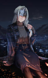 Rule 34 | 1girl, alternate costume, blindfold, brown pantyhose, casual, contemporary, covered eyes, dark souls (series), dark souls iii, fire keeper, hand in own hair, highres, hiko (hiko224556), jacket, jewelry, lips, long hair, necklace, pantyhose, silver hair, sitting, skirt, smile, solo, sweater, turtleneck, turtleneck sweater