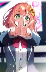 Rule 34 | 1girl, ahoge, black jacket, blurry, blurry background, blush, bow, bowtie, double v, flower, green eyes, hair flower, hair ornament, headset, highres, honma himawari, jacket, long sleeves, microphone, nijisanji, open clothes, open jacket, orange hair, outstretched arms, reaching, reaching towards viewer, red bow, red bowtie, shirt, short hair, solo, sunflower, sunflower hair ornament, upper body, v, virtual youtuber, white shirt, yumesaki nana