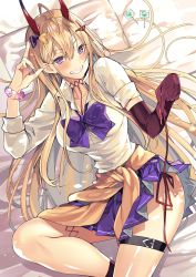 Rule 34 | 1girl, absurdres, ahoge, asymmetrical sleeves, azur lane, bed sheet, beige sweater, blonde hair, blush, bow, bowtie, breasts, calf, candy, clothes around waist, clothes lift, collarbone, collared shirt, commentary request, dress shirt, elbow gloves, feet out of frame, food, gloves, grin, hair between eyes, hair ornament, hair spread out, hands up, highres, holding, holding ribbon, horns, knee up, kumano (azur lane), large breasts, leg belt, lollipop, long hair, long sleeves, lying, miniskirt, narrow waist, on back, panties, pillow, pink gloves, pleated skirt, purple bow, purple bowtie, purple eyes, purple skirt, red horns, red panties, red ribbon, ribbon, school uniform, scrunchie, sharp teeth, shiny skin, shiosato jun, shirt, side-tie panties, single glove, skirt, skirt lift, sleeves rolled up, smile, socks, solo, sweater, sweater around waist, teasing, teeth, thigh strap, thighs, underwear, uneven sleeves, very long hair, white shirt, wing collar, wrist scrunchie