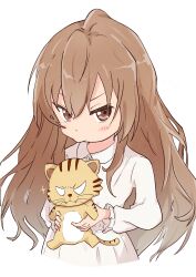 Rule 34 | 1girl, aisaka taiga, bluearcadegames, blush, brown eyes, brown hair, closed mouth, collared dress, commentary, dress, hair between eyes, highres, holding, long hair, long sleeves, looking at viewer, palmtop tiger, simple background, toradora!, upper body, v-shaped eyebrows, white background, white dress