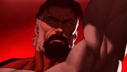 Rule 34 | 1boy, absurdres, bara, beard, black hair, closed mouth, commentary, english commentary, facial hair, hand up, highres, invincible (series), looking at viewer, male focus, omni-man, red background, red theme, sideburns, solo, sotcho, upper body